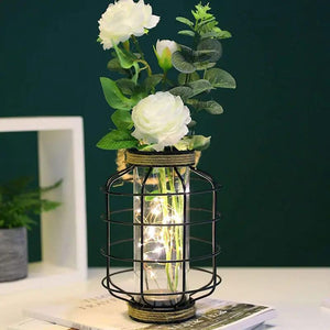 JHY DESIGN 9.4in battery-powered table lamp with black metal cage and warm LED string lights