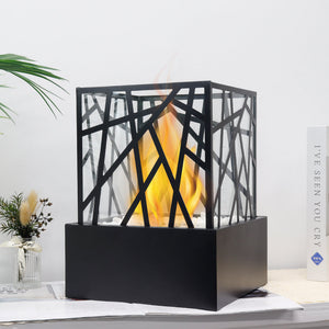 JHY DESIGN portable black fire pit bowl with geometric lattice cage and bioethanol flame