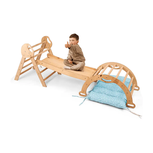 Goodevas 4in1 Montessori climbing set in natural wood with Pikler triangle, slide, curved arch, and blue star cushion.