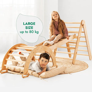 4in1 Montessori Climbing Set by Goodevas: beige triangle ladder, arch, slide board & cushion, large size up to 80 kg