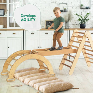 Goodevas 4in1 Montessori climbing set beige wooden with triangle ladder, arch, slide and cushion