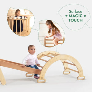 4-in-1 Montessori climbing set by Goodevas in beige wood with triangle ladder, climbing arch, slide and net