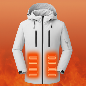 Jacket with 5-zone USB heated panels on front, gray hooded sport coat