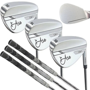 Ase Golf 3-Piece Wedge Set with silver chrome heads, 50°, 54°, and 58° lofts and black-and-gray grips