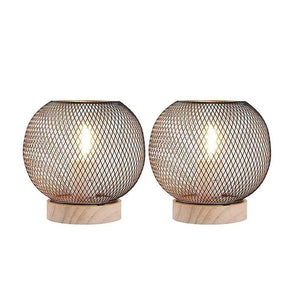 JHY DESIGN 2-pack 7.5'' high battery-powered table lamps; copper wire-mesh spheres on wood bases.