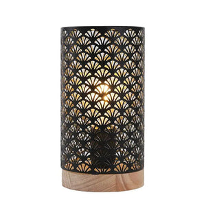 Cordless metal lamp accent with black perforated cylindrical shade and wooden base, 7.5in high, by JHY DESIGN