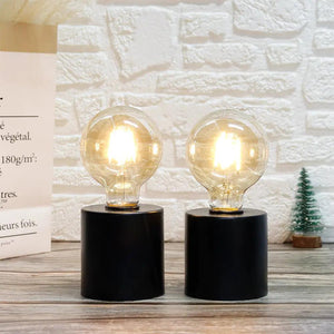 Table lamps set of 2, black, 7-inch tall, battery-powered with clear glass bulbs
