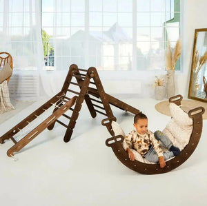 Goodevas 5in1 Montessori Climbing Set: brown wooden triangle ladder with arch rocker, slide board, rope net, and cushions