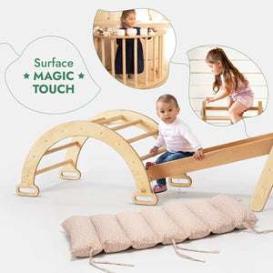 Goodevas 5in1 Montessori climbing set in natural wood with arches, slide, netting rope, and beige cushions
