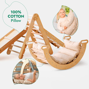 5in1 Montessori Climbing Set by Goodevas: wooden triangle ladder, arch rocker, slide board, net rope, cushioned seating