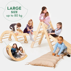 Goodevas 5in1 Montessori Climbing Set, wooden activity toy: triangle ladder, arch rocker, slide, netting rope, cushion