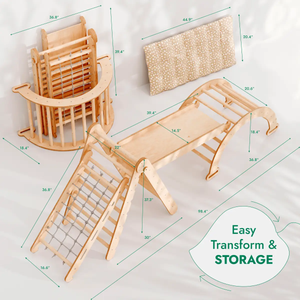 Goodevas five-piece Montessori climbing set in natural wood with rope net, slide, arch, and cushion