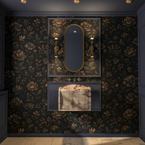 Modern Calacatta Viola floating marble vanity in a luxe bathroom with a gold arched mirror