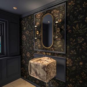 Modern Calacatta Viola floating marble bathroom sink with fluted gold vanity, wall-mounted