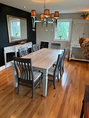 Levi 5 Slat dining chairs by Wooden Whale Workshop; six dark charcoal chairs around a light wood dining table