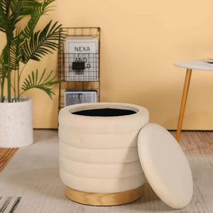 Cream velvet storage ottoman, 16.5 inches tall, round with lid and wooden base.