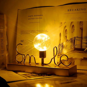 JHY DESIGN decorative cordless lamp with warm white fairy lights and a metal wire Smile script