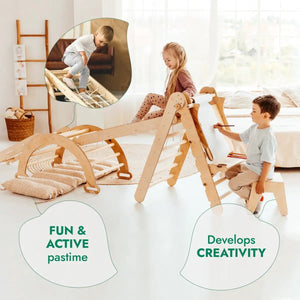 6in1 Montessori climbing set in natural wood with triangle ladder, arch rocker, slide ramp, net and cushion