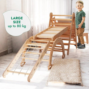 Goodevas 6in1 Montessori climbing set in natural wood with ramp, ladder and net; up to 80 kg.