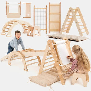 Goodevas 6in1 Montessori climbing set, wooden baby activity toy with triangle ladder, arch/rocker, slide, net, cushions.