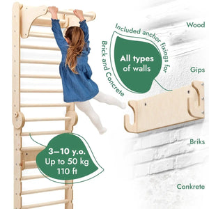 Goodevas wooden Swedish wall climbing ladder for children; 6-in-1 indoor activity toy with swing and slide