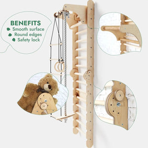 Goodevas 6-in-1 wooden Swedish wall for kids with climbing ladder, rope and rings, swing feature