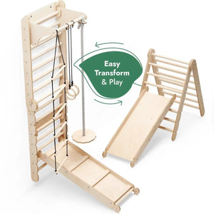 Goodevas 6in1 wooden Swedish wall climbing set with slide board and swing, natural wood