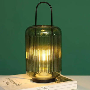 JHY DESIGN 11.5-inch amber-green battery powered table lamp with ribbed glass and metal handle