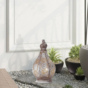 11.5'' tall battery-powered table lamp; ceramic gourd with brown glaze and ornate geometric pattern