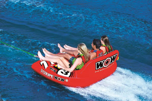 WOW Watersports 3-Person Coupe Cockpit Towable red inflatable tube with riders