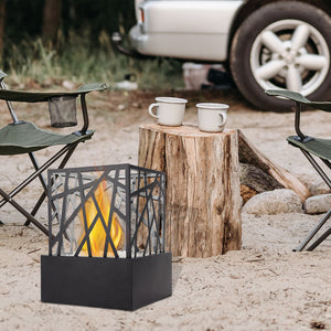JHY DESIGN portable fire pit bowl with black metal lattice sides and ventless bio-ethanol flame.