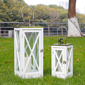 JHY DESIGN decorative candle lanterns, set of 2, white metal with glass panels and hanging handles, 17.5 and 24.5 tall