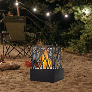 JHY DESIGN portable fire pit bowl 29cm with gray geometric lattice frame on black base, lit fire outdoors.