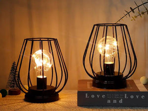 7'' tall metal lamp set of 2 with mini cage design, cordless battery lanterns, black metal frames and warm bulbs
