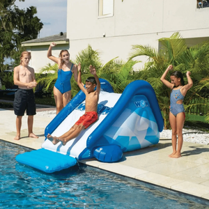 WOW Watersports Cascade Pool Slide, blue inflatable pool slide with kids playing.