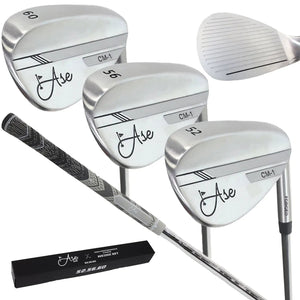 Ase Golf 3-Piece Wedge Set; three silver wedges labeled 52, 56, 60 with black textured grips, boxed set.