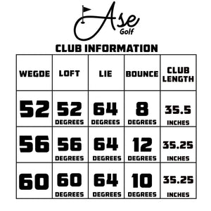 Wedges Ase Golf 3-Piece Wedge Set – club information with lofts 52/56/60, lie 64, bounce 8/12/10, lengths 35.5/35.25 in