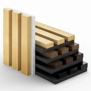 Acoustic Slat Wood Panels sample box (5 colors), light oak tones arranged on a black display base