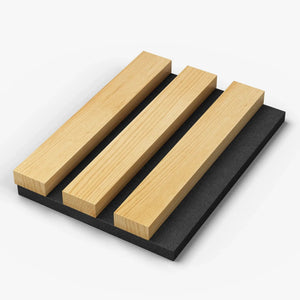 Acoustic slat wood panels sample box with five natural oak-toned slats on a black base