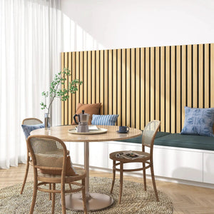 Solid wood acoustic slat wall panels, broad strip, natural wood finish on interior wall