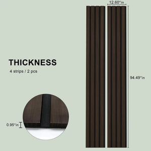 Solid wood acoustic slat wall panels in dark broad strips, 0.95 in thick, 4 strips/2 pcs