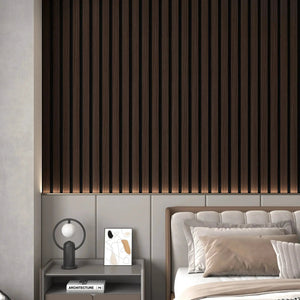 Solid wood acoustic slat wall panels in dark brown broad-strip design behind bed