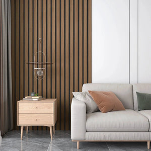 Solid wood acoustic slat wall panels, broad strip, warm brown tones for modern interiors