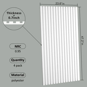 Acoustical polyester wall panel by HAUSVITA, 48x24x0.7 in, white ribbed surface, 4-pack