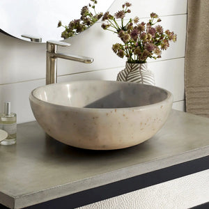 Afyon Sugar White Marble Vessel Sink by Villohome on bathroom vanity with chrome faucet