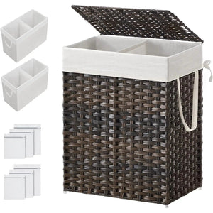 Laundry hamper basket, brown PP rattan, 24-Gal with white liner and lid; includes 2-compartment washable liner bag.