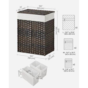 Brown PP rattan laundry hamper with lid, 24-gallon capacity, 2-compartment washable liner bag, HomePacific