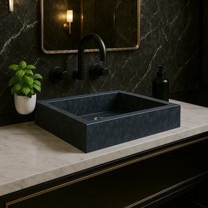Gray marble vessel sink by BROSMARBLE with black matte faucet on white marble counter