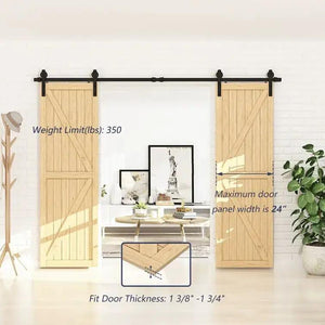 HAUSVITA Barn Door Track Kit for Double Doors with heavy-duty black metal track and two light wood sliding panels.