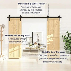 HAUSVITA Barn Door Track Kit for Double Door, heavy-duty steel rails, two wooden doors on track